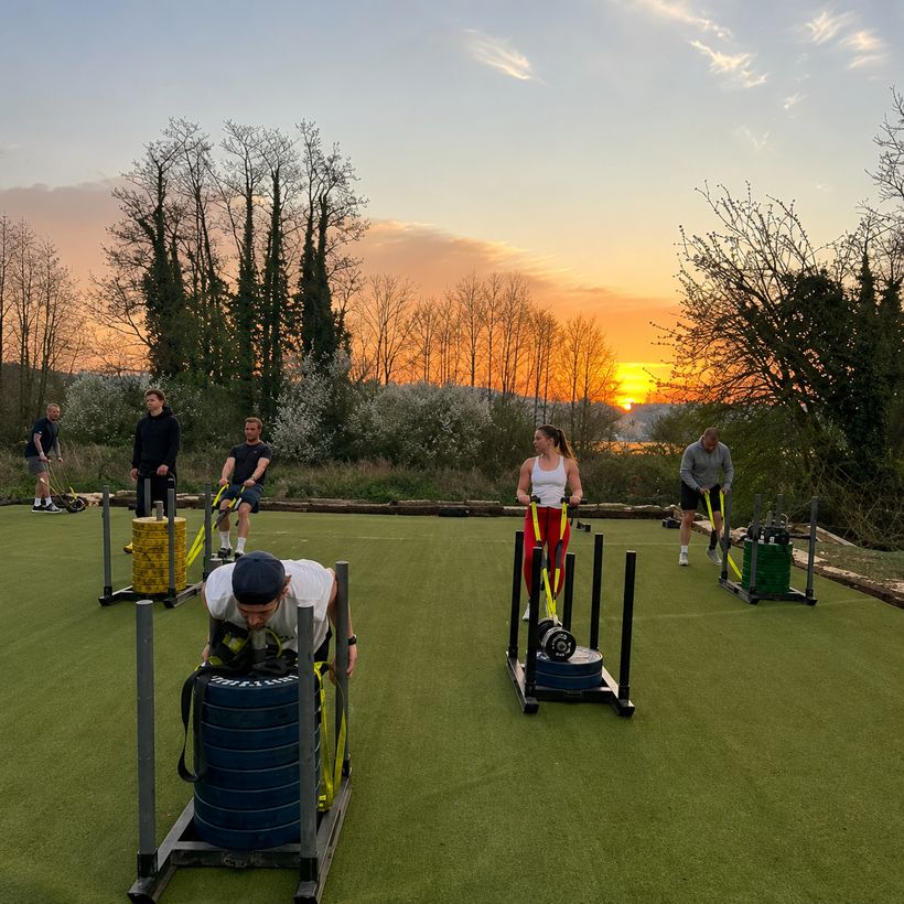 Group sled training at sunset on the outdoor turf